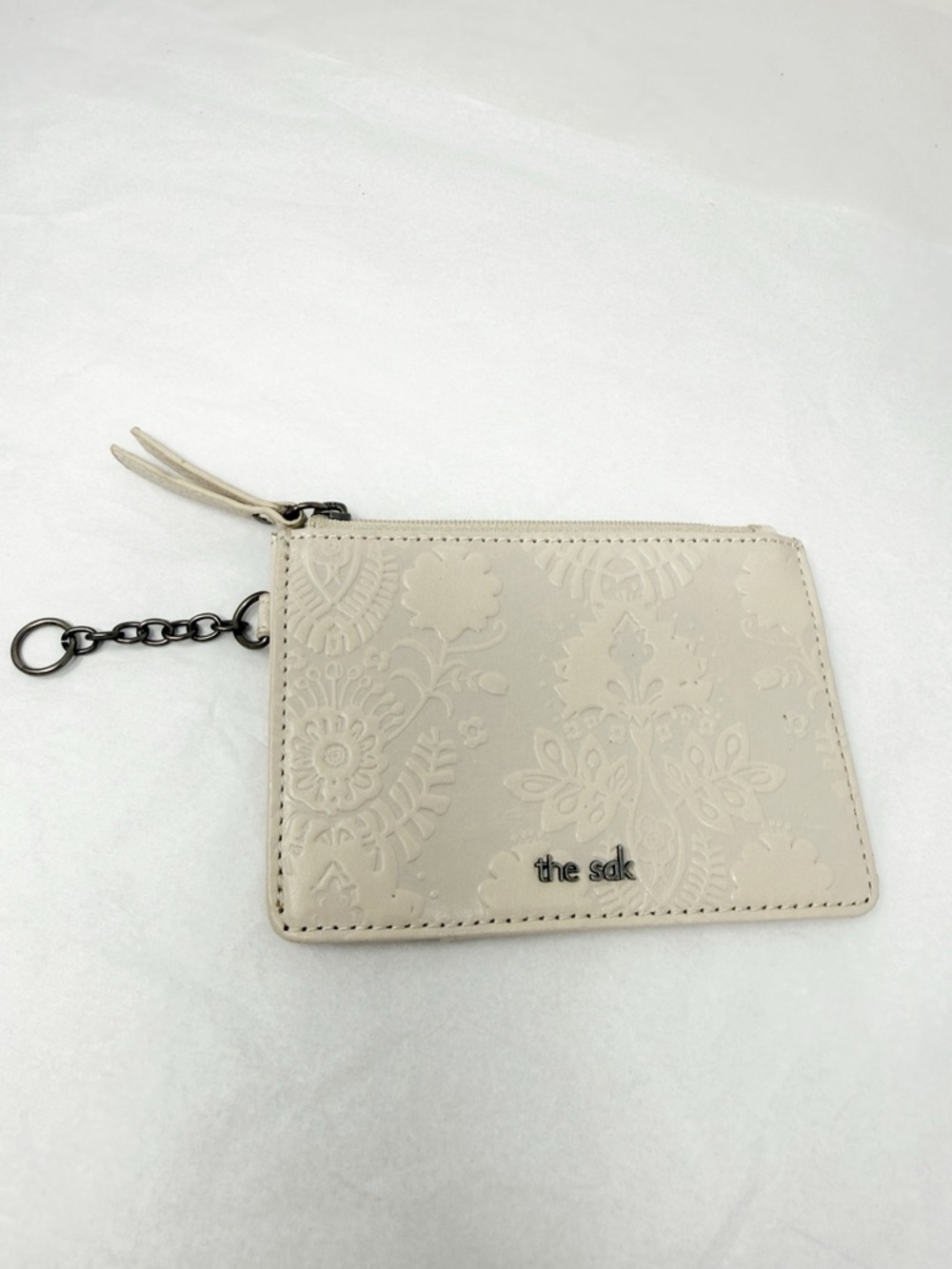 The Sak Cream Embossed Leather Zip Card Holder Small Wallet Keychain